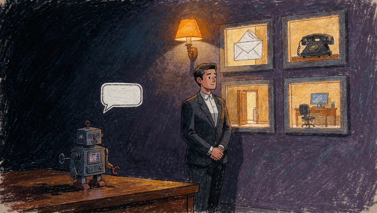 Oil pastel illustration of a tiny wind-up toy robot with a single speech bubble beside a composed concierge working four lamplit windows