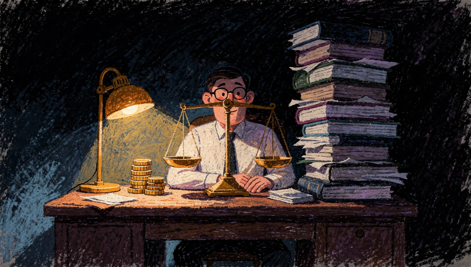Oil pastel illustration of an accountant at a lamplit desk with a brass balance scale and stacks of coins, a towering column of ledgers rising into shadow beside him