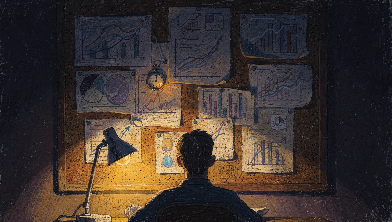 Oil pastel illustration of a figure studying a wall of pinned charts by lamplight, one stopwatch glowing amber among them
