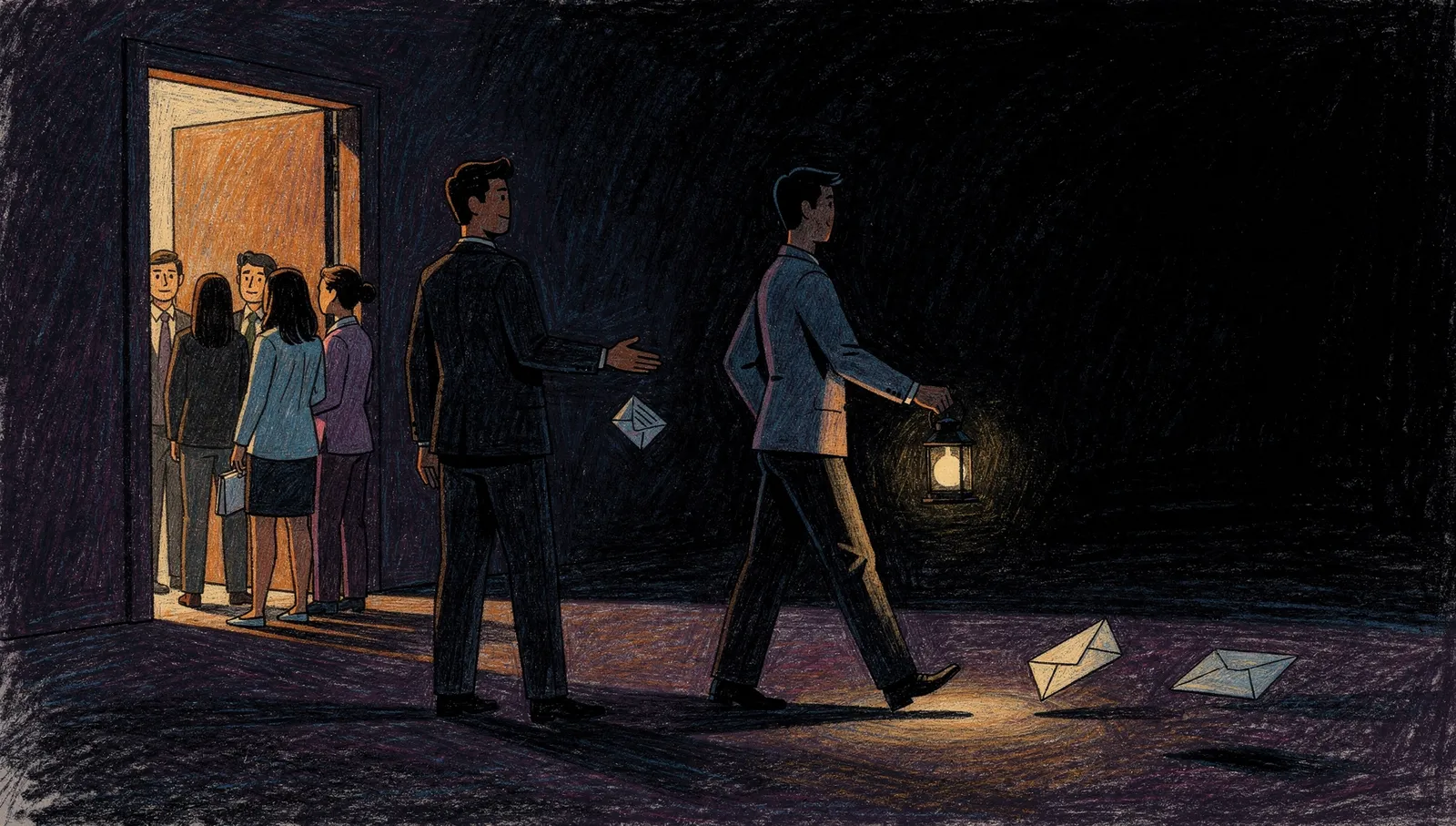 Oil pastel illustration of two salespeople back to back, one welcoming a line of visitors arriving at a lamplit doorway, the other heading into the dark with a lantern