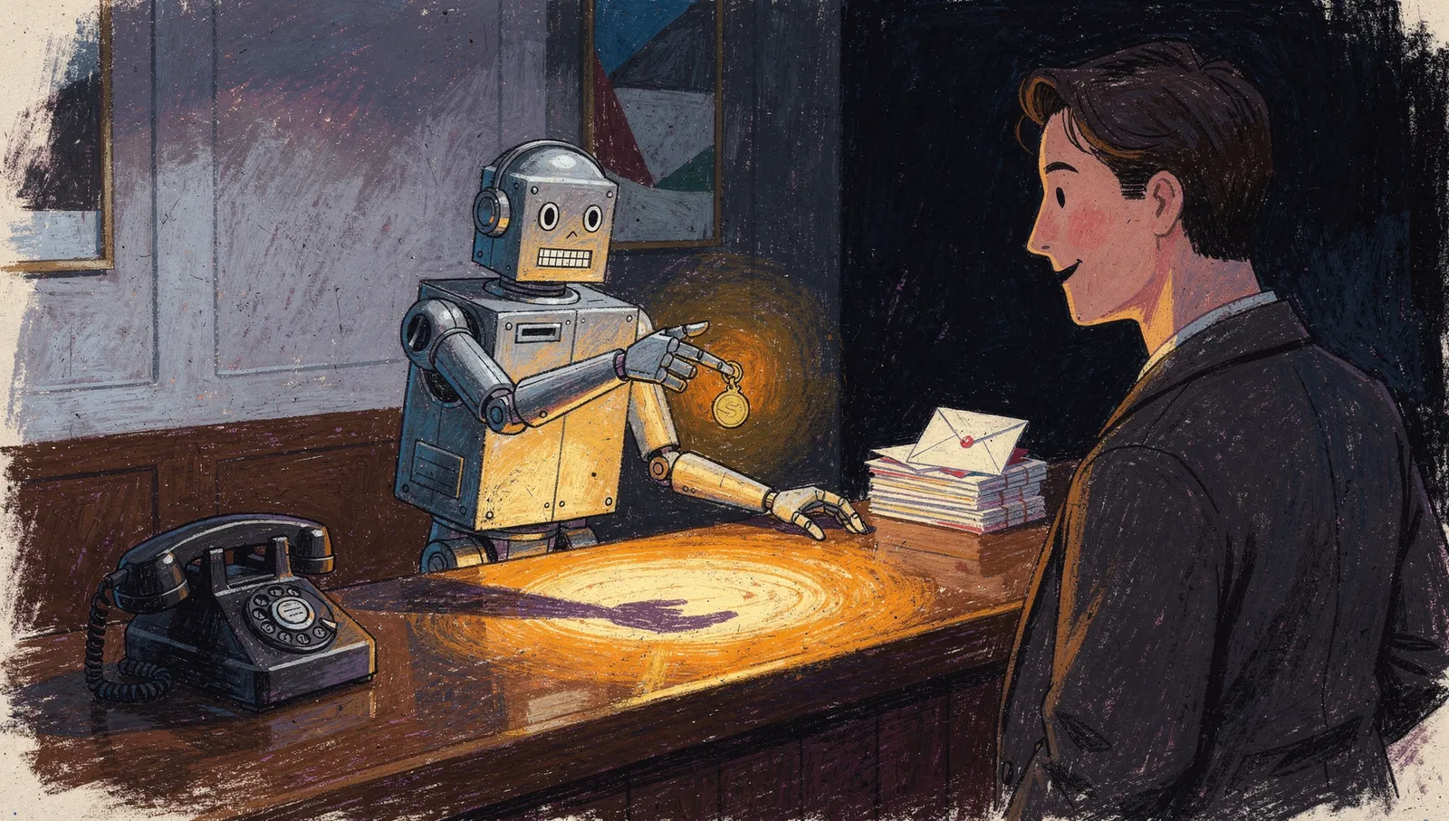Oil pastel illustration of a friendly robot concierge welcoming a visitor at a warm lamplit reception desk